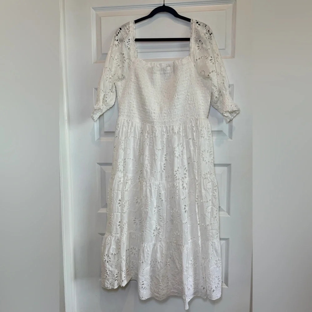 Baltic Born White Ella Eyelet Smocked Midi Dress - Picture 4 of 12